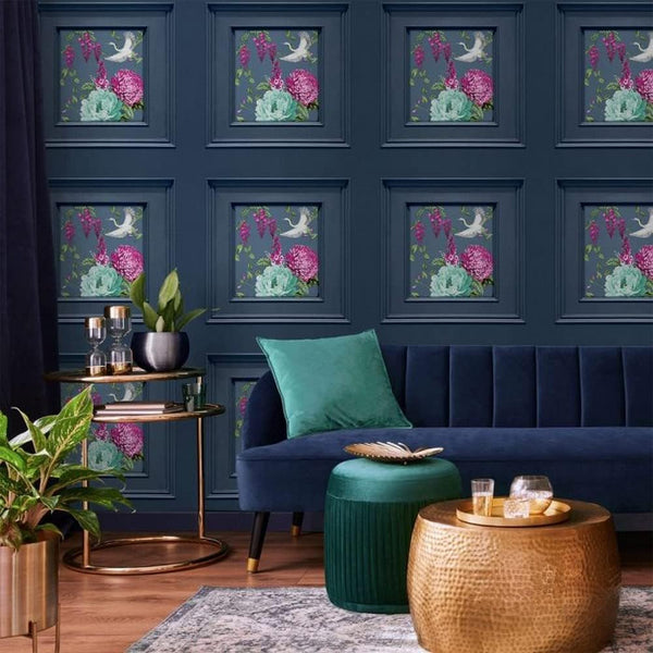 Corinthia Panel Floral Wallpaper Navy Blue