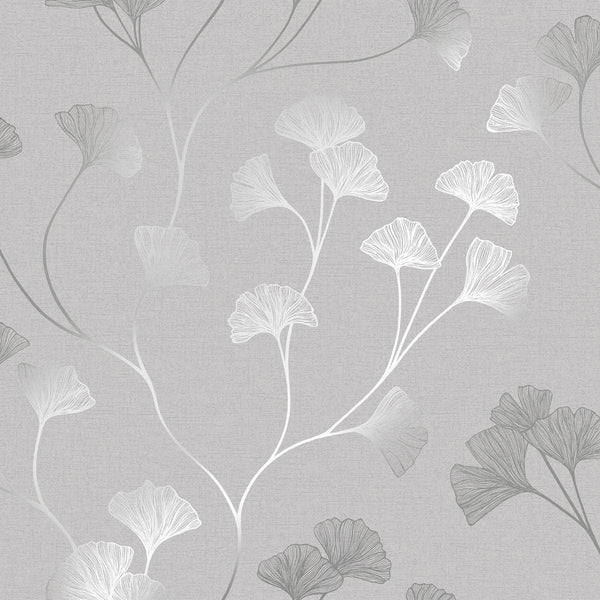 Holden Decor Glistening Gingko Grey Silver Metallic Wallpaper