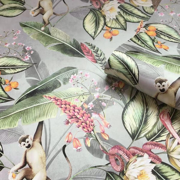 Animal Garden Leaves Floral Grey Wallpaper
