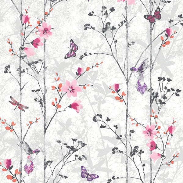 Muriva Novelties Eden Birds Butterflies Floral Wallpaper - Pink