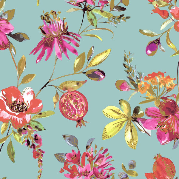 Fine Decor Elias Floral Pomegranates Teal Wallpaper