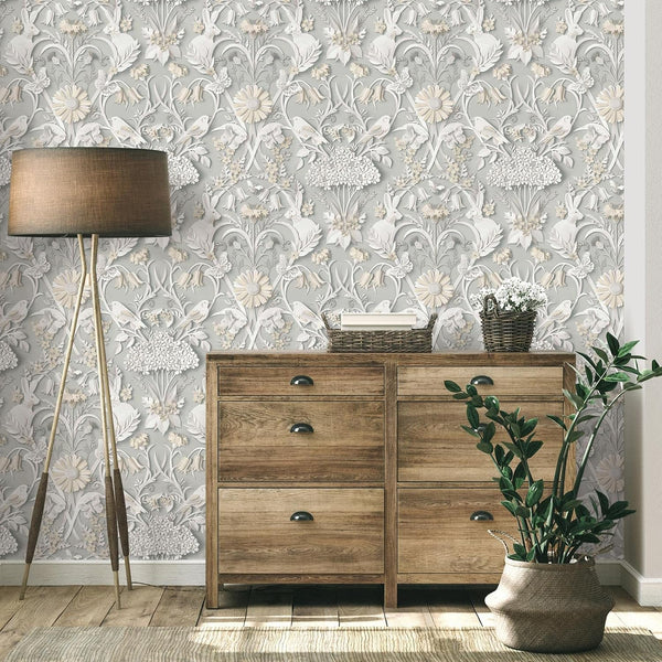 Sample Fine Decor Woodland Floral Leaves Birds Animal Print Wallpaper