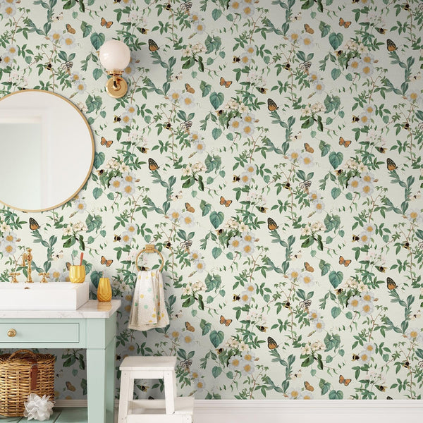 Bumblebee Trail Botanical Floral Cream Wallpaper