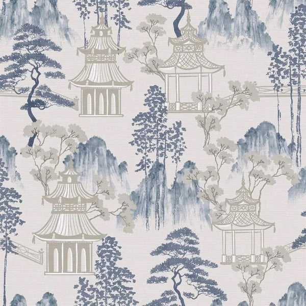 Japanese Pagoda Floral Blue Grey Wallpaper
