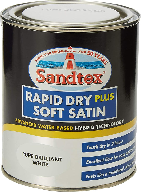 Sandtex Rapid Dry Plus Soft Satin Paint 750ml - Brilliant White