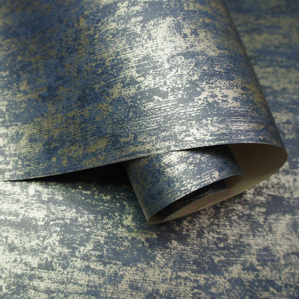 Holden Decor Distressed Industrial Navy Blue Metallic Gold Wallpaper