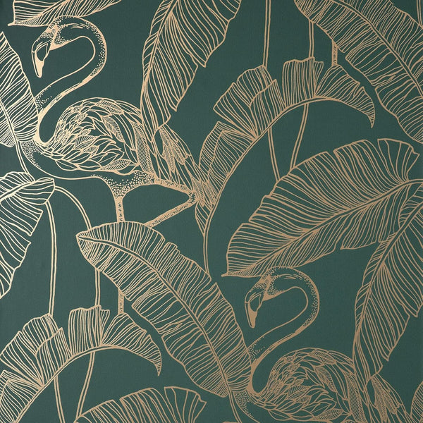 Fine Decor Flamingo Tropical Leaves Emerald Green Metallic Wallpaper
