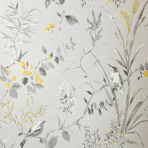 Crown Mariko Floral Treebird Metallic Wallpaper